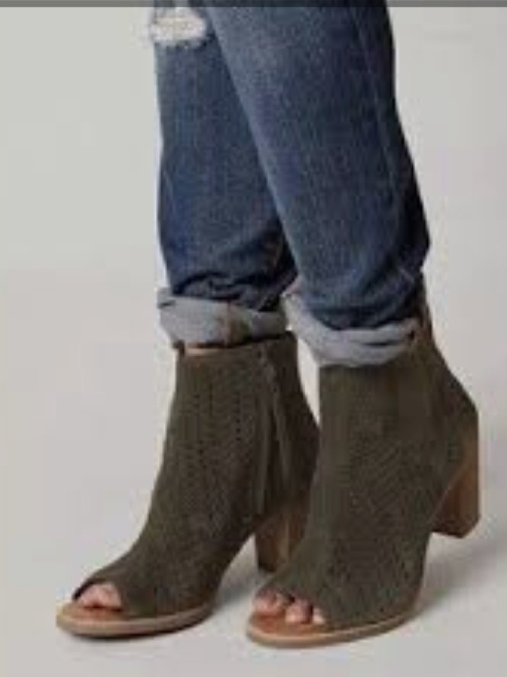 TOMS Majorca Olive Green Suede Peep Toe Booties